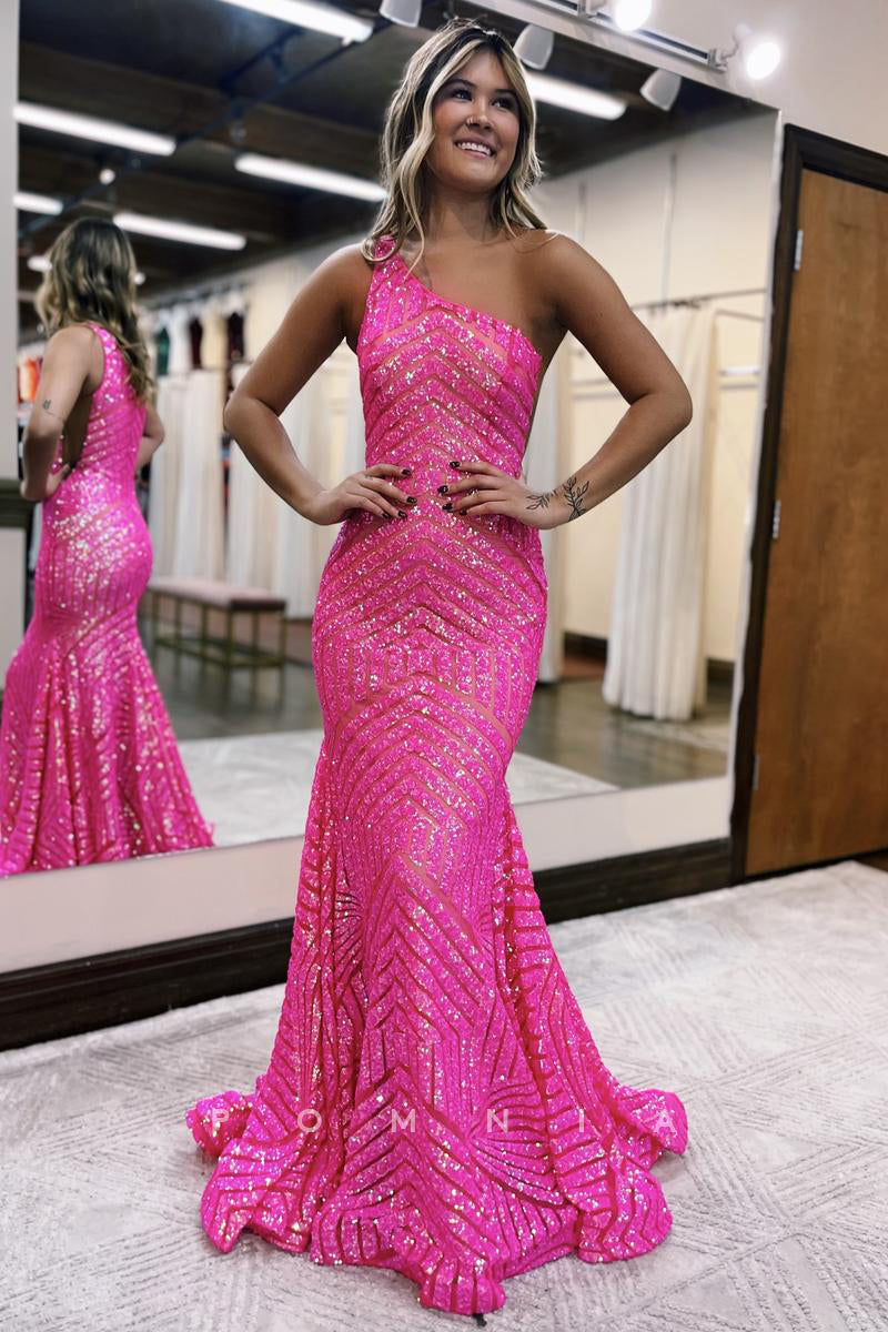 P1290 - One Shoulder Full Sequins Mermaid Sleeveless Evening Party Prom Dress