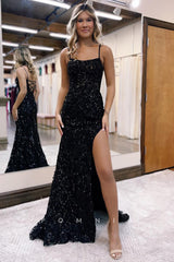 P1291 - Spaghetti Straps Appliques Scoop Rhinestones Party Formal Dress with Slit