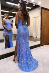 P1294 - Glitter Spaghetti Straps Scoop Tassel Sequined Prom Party Formal Dress with Slit