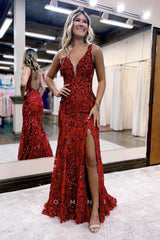 P1292 - Plunging V-Neck Appliques Side Slit Mermaid Prom Formal Dress with Beading