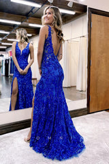 P1292 - Plunging V-Neck Appliques Side Slit Mermaid Prom Formal Dress with Beading