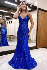 P1293 - Mermaid/Trumpet Straps V-Neck Sequins Appliques Prom Party Dress