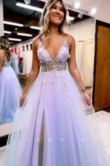 P1299 - A-Line Straps V-Neck Top Appliques Tulle Prom Party Formal Dress