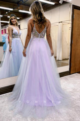 P1299 - A-Line Straps V-Neck Top Appliques Tulle Prom Party Formal Dress