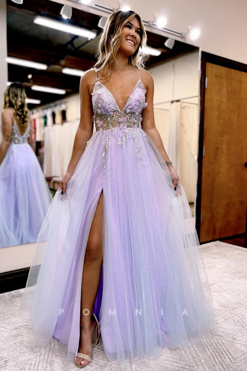 P1299 - A-Line Straps V-Neck Top Appliques Tulle Prom Party Formal Dress