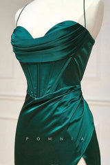 P1300 - Simple Spaghetti Straps High Slit Pleats Sleeveless Prom Formal Party Dress