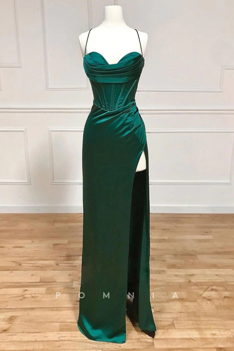 P1300 - Simple Spaghetti Straps High Slit Pleats Sleeveless Prom Formal Party Dress
