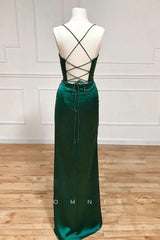 P1300 - Simple Spaghetti Straps High Slit Pleats Sleeveless Prom Formal Party Dress