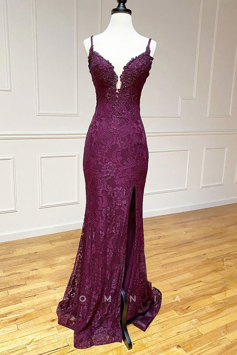 P1301 - Spaghetti Straps V-Neck Appliques Evening Formal Long Dress with Rhinestones