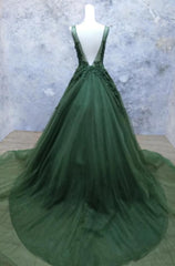 Dark Green A Line Backless Prom Dresses V Neck Appliqued Beaded Formal Dress P1302