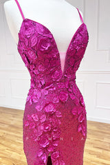P1302 - Spaghetti Straps V-Neck Appliques Glitter Evening Prom Formal Dress with Slit