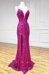 P1302 - Spaghetti Straps V-Neck Appliques Glitter Evening Prom Formal Dress with Slit