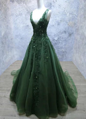 Dark Green A Line Backless Prom Dresses V Neck Appliqued Beaded Formal Dress P1302