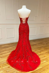P1304 - Strapless Sweetheart Mermaid Lace Appliques Prom Party Formal Dress Beading