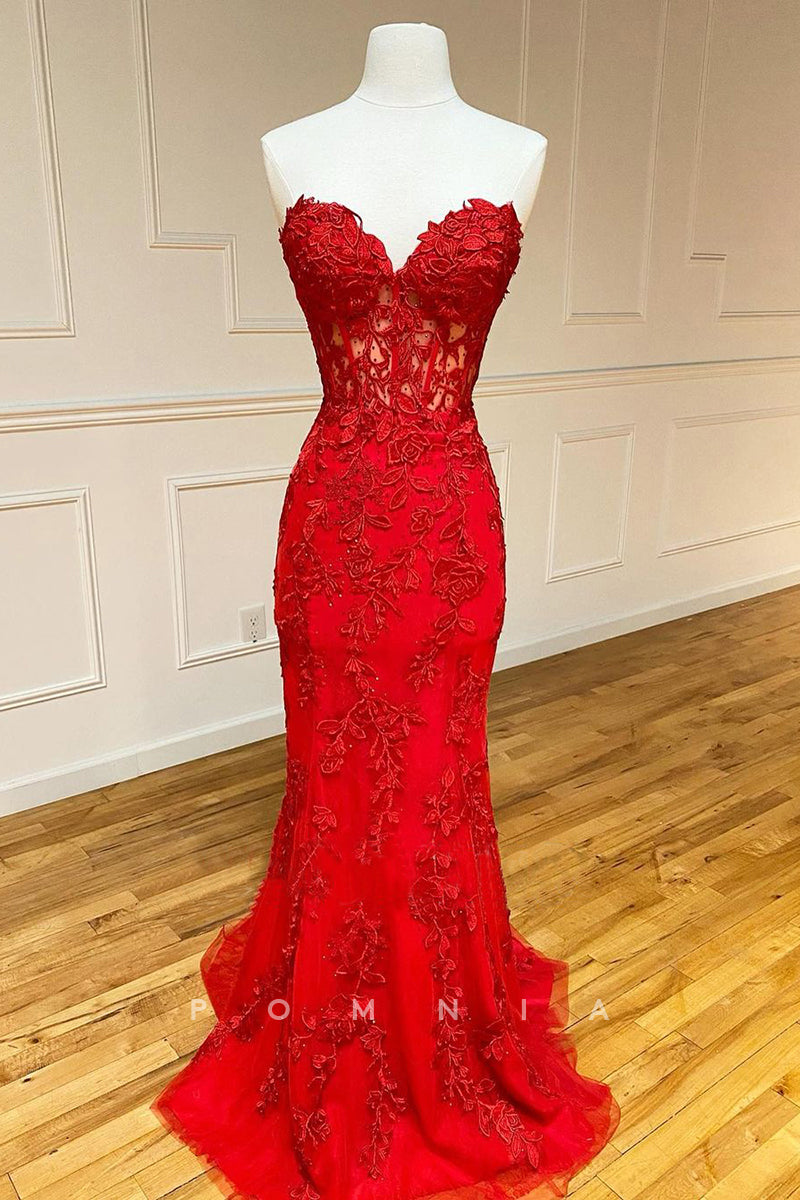 P1304 - Strapless Sweetheart Mermaid Lace Appliques Prom Party Formal Dress Beading