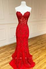 P1304 - Strapless Sweetheart Mermaid Lace Appliques Prom Party Formal Dress Beading