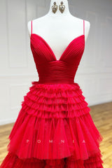 P1306 - A-Line V-Neck Spaghetti Straps Tiered Tulle Prom Party Formal Dress