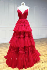 P1306 - A-Line V-Neck Spaghetti Straps Tiered Tulle Prom Party Formal Dress