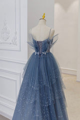 Vintage Blue Tulle Beaded Long Senior Prom Dress A-Line Blue Formal Dress P1307