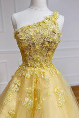 P1307 - One Shoulder A-Line Long Appliques Sleeveless Tulle Prom Party Dress