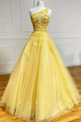 P1307 - One Shoulder A-Line Long Appliques Sleeveless Tulle Prom Party Dress