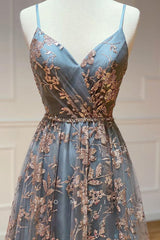 P1309 - Stunning Spaghetti Straps V-Neck Appliques Prom Formal Party Dress