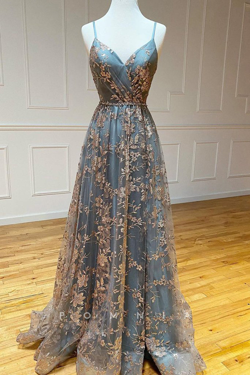 P1309 - Stunning Spaghetti Straps V-Neck Appliques Prom Formal Party Dress