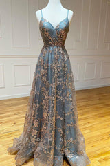 P1309 - Stunning Spaghetti Straps V-Neck Appliques Prom Formal Party Dress