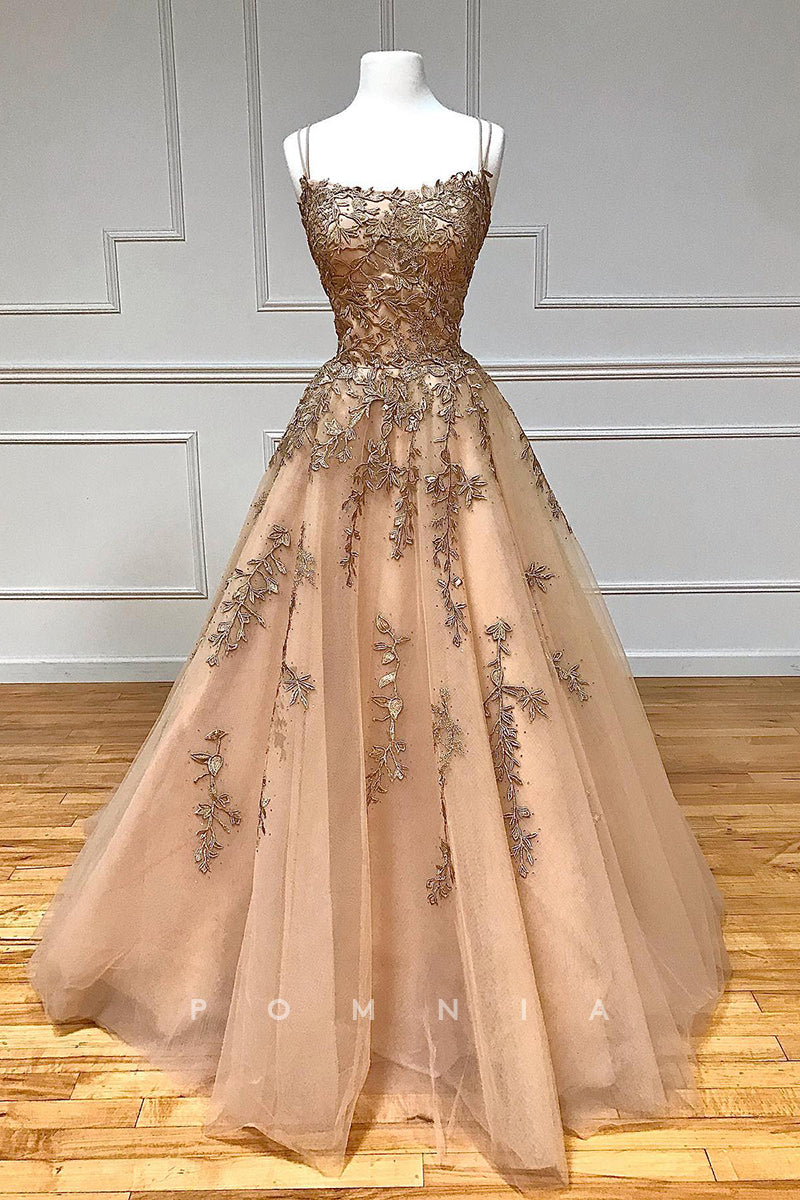 P1310 - A-Line Spaghetti Straps Scoop Appliques Sleeveless Long Evening Prom Dress