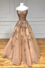 P1310 - A-Line Spaghetti Straps Scoop Appliques Sleeveless Long Evening Prom Dress