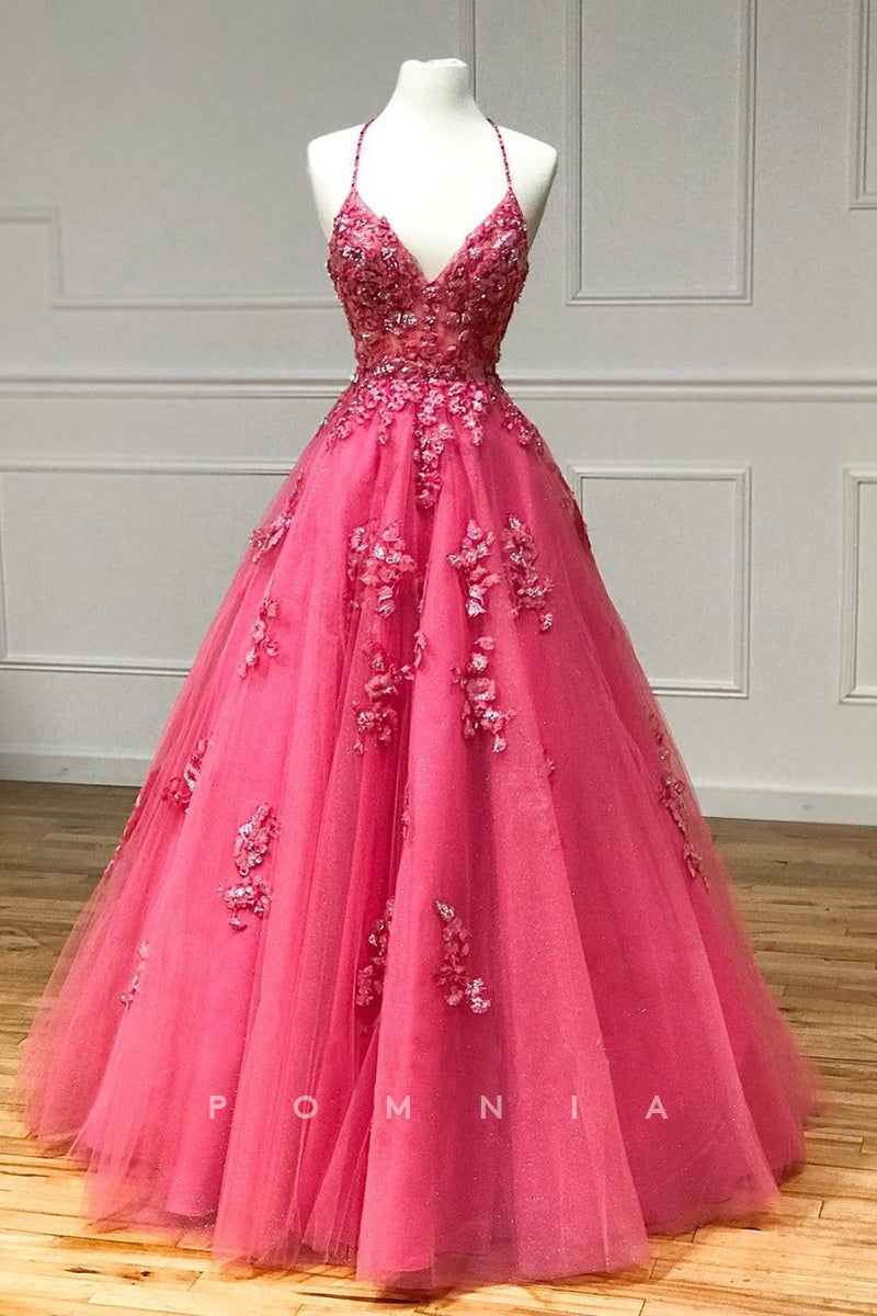 P1312 - A-Line V-Neck Lace Appliques Tulle Sleeveless Prom Party Dress