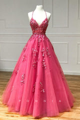 P1312 - A-Line V-Neck Lace Appliques Tulle Sleeveless Prom Party Dress
