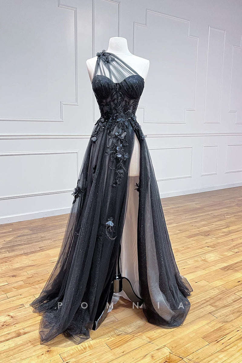 P1313 - Popular One Shoulder Appliques High Slit Prom Formal Party Dress