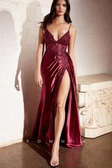 P1314 - Spaghetti Straps V-Neck Lace Appliques Side Slit Evening Prom Formal Dress