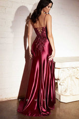 P1314 - Spaghetti Straps V-Neck Lace Appliques Side Slit Evening Prom Formal Dress