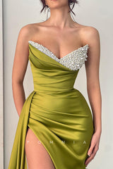 P1315 - Off-Shoulder V-Neck Beads Pleats Evening Prom Formal Dress with Slit