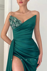 P1317 - Off-Shoulder V-Neck Beads Pleats Long Prom Evening Dress with Slit
