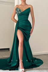 P1317 - Off-Shoulder V-Neck Beads Pleats Long Prom Evening Dress with Slit