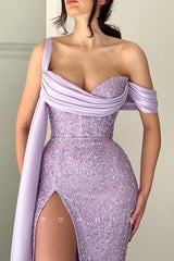 P1321 - One Shoulder Pleats Sequined High Slit Long Prom Evening Dress