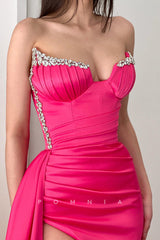 P1322 - Strapless V-Neck Beads Sleeveless Pleats Prom Party Dress with Slit