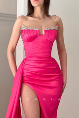 P1322 - Strapless V-Neck Beads Sleeveless Pleats Prom Party Dress with Slit