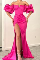 P1324 - Off-Shoulder Puff Sleeves Side Slit Pleats Long Prom Party Dress
