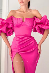 P1324 - Off-Shoulder Puff Sleeves Side Slit Pleats Long Prom Party Dress