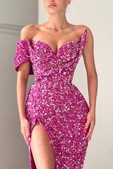 P1325 - Sparkly Strapless Full Sequined Cap Sleeves Evening Prom Party Dress with Slit