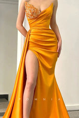P1327 - Strapless V-Neck Beads Pleats  Sleeveless Long Prom Evening Formal Dress with Slit