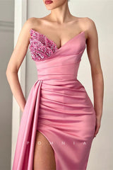 P1327 - Strapless V-Neck Beads Pleats  Sleeveless Long Prom Evening Formal Dress with Slit
