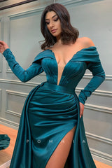 P1331 - A-Line Elegant V-Neck Pleats Long Sleeves Satin Evening Formal Prom Dress with Slit