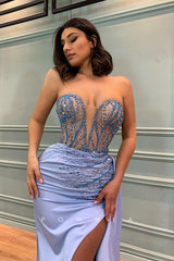 P1332 - Off-Shoulder Illusion  Beads V-Neck Pleats Prom Evening Party Dress with Slit