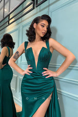 P1334 - Deep V-Neck Straps Pleats Satin High Slit Sleeveless Prom Party Evening Dress