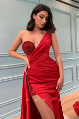 P1335 - Strapless High Slit Beads Sleeveless Satin Long Evening Party Prom Dress
